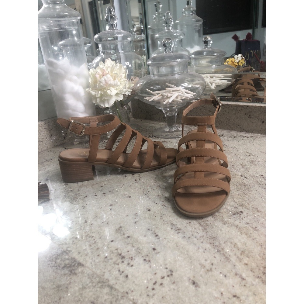 Franco Sarto Olga Strappy Leather Gladiator Sandal Tan Brown 9M Block Heel
